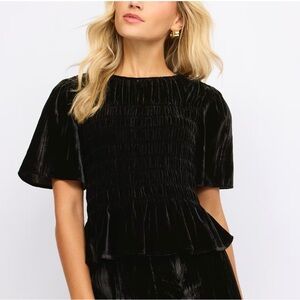 Rails Rosie Black Smocked Peplum-Hem Velvet Short Sleeve Blouse M